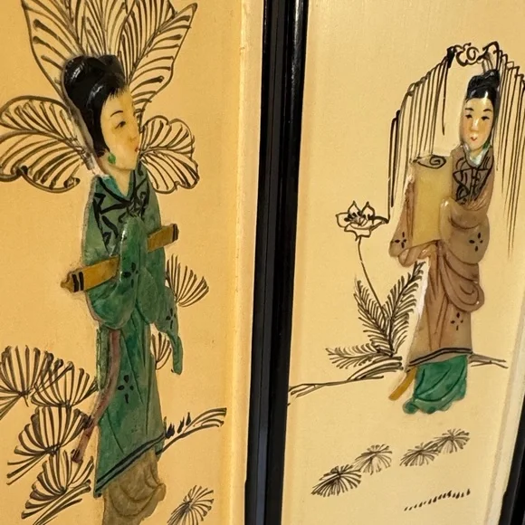 Vintage Asian Folding Screen with raised stone with inlay Asian ladies - Picture 4 of 14